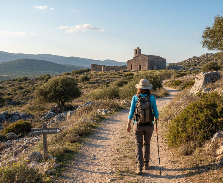 Hiker with walking stick approaches a hilltop church at sunset