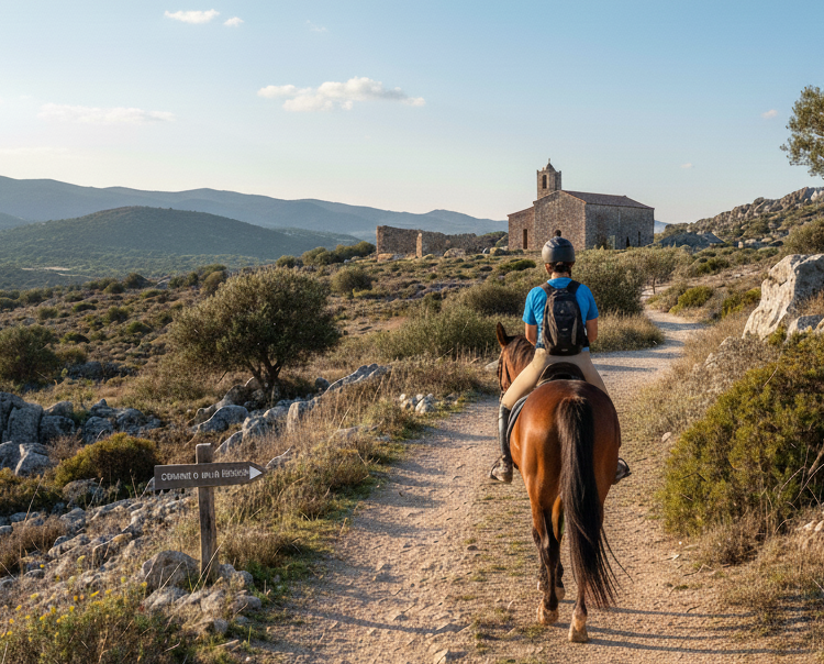 Person riding horse on path towards old building on hillside at sunset