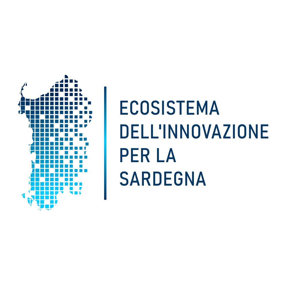 Stylized map of Sardinia with text about innovation ecosystem