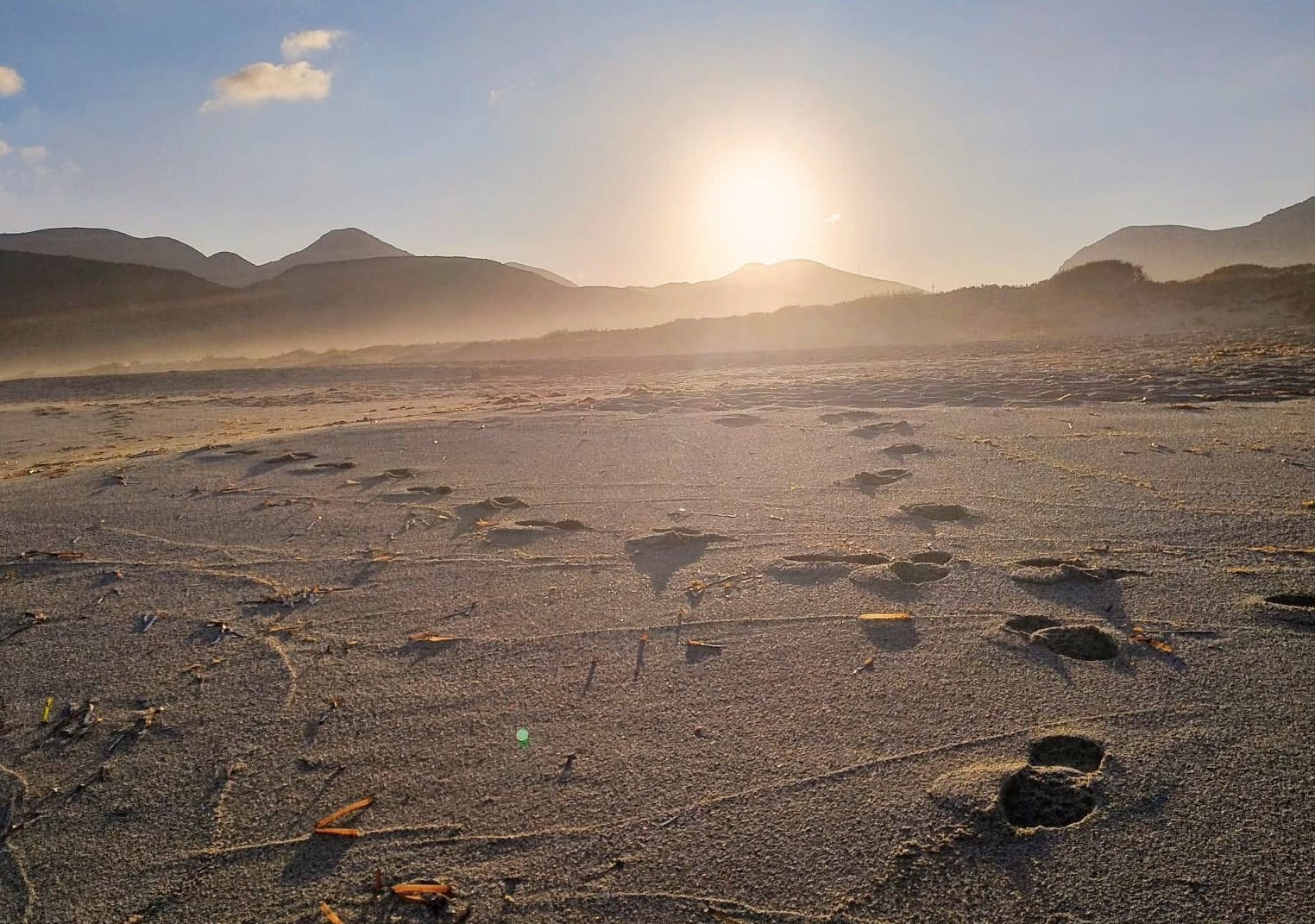 Footprints on sandy beach at sunset with mountains in the background.