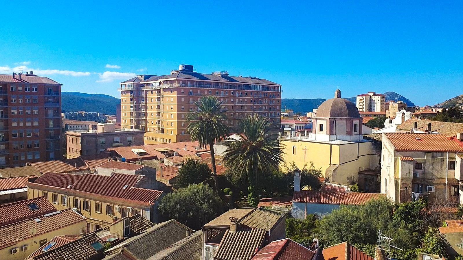 View of a neighborhood with palm trees, historic buildings, and a large modern building in the background.