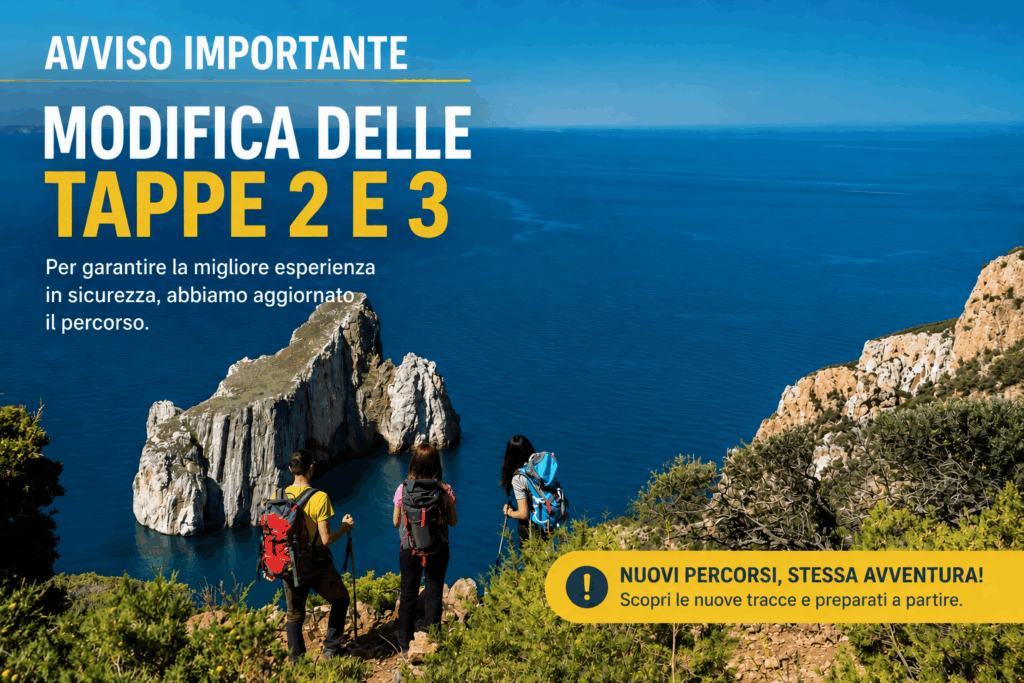 Three hikers with backpacks overlooking the sea from a rocky cliff.