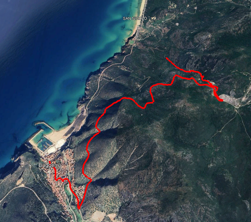 Satellite map showing hiking trail marked in red near Buggerru and San Nicolò.