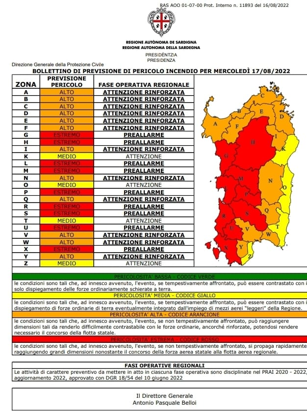Map and table showing fire risk levels from medium to extreme for Italian zones.