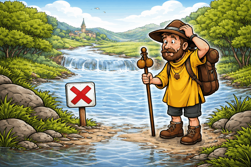 Hiker with staff in front of river and red prohibition sign.