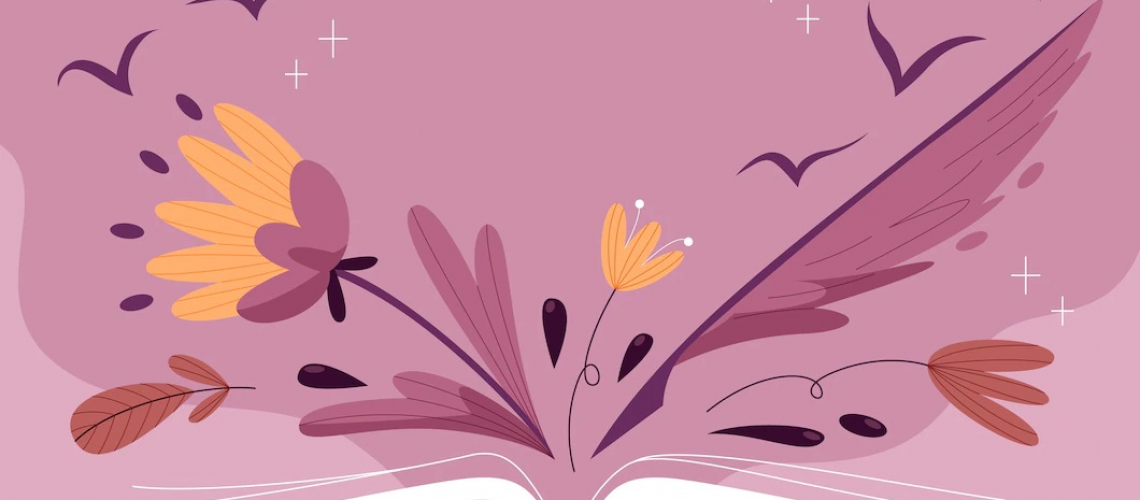 Abstract illustration of flowers and birds on a pink background