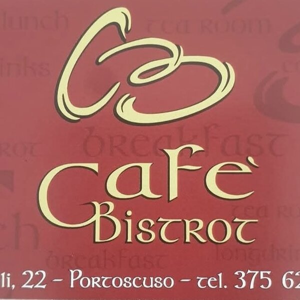 Logo del Café Bistrot con dettagli di contatto su sfondo rosso.