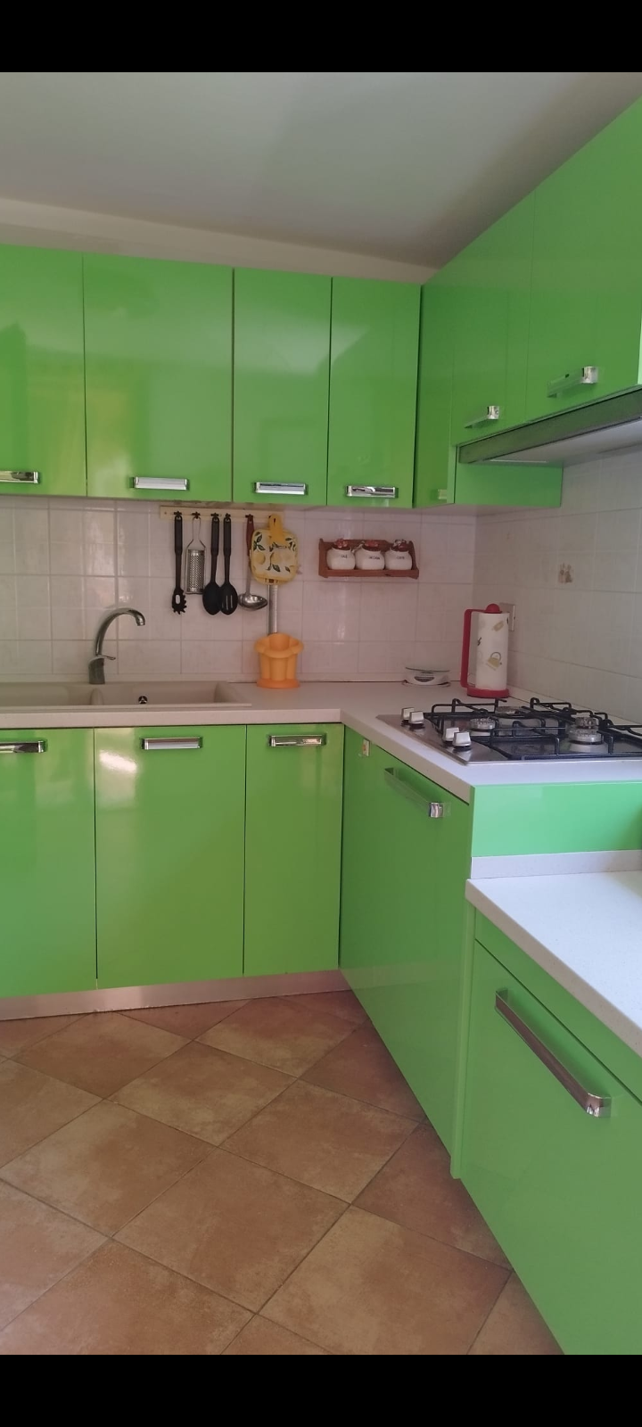 Cucina con mobili verdi, lavandino, fornelli e utensili appesi.