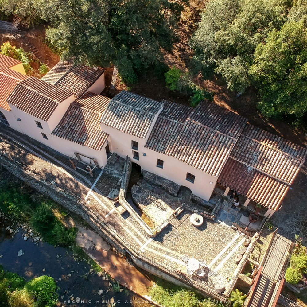 Veduta aerea di un mulino antico circondato da alberi e un piccolo corso d'acqua.