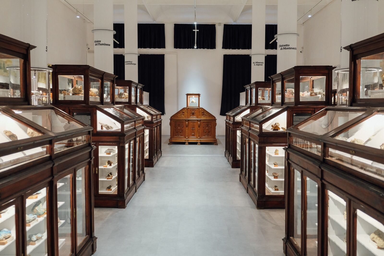 Museum interior with wooden display cases and exhibited artifacts