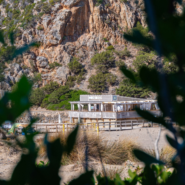 Chiosco sulla spiaggia con scogliera rocciosa sullo sfondo, vista tra le foglie.