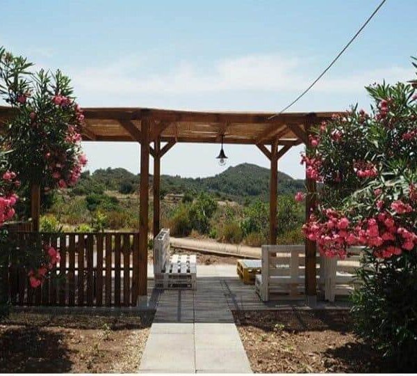 Pergolato in legno con panchine bianche e fiori rosa intorno, vista campagna.