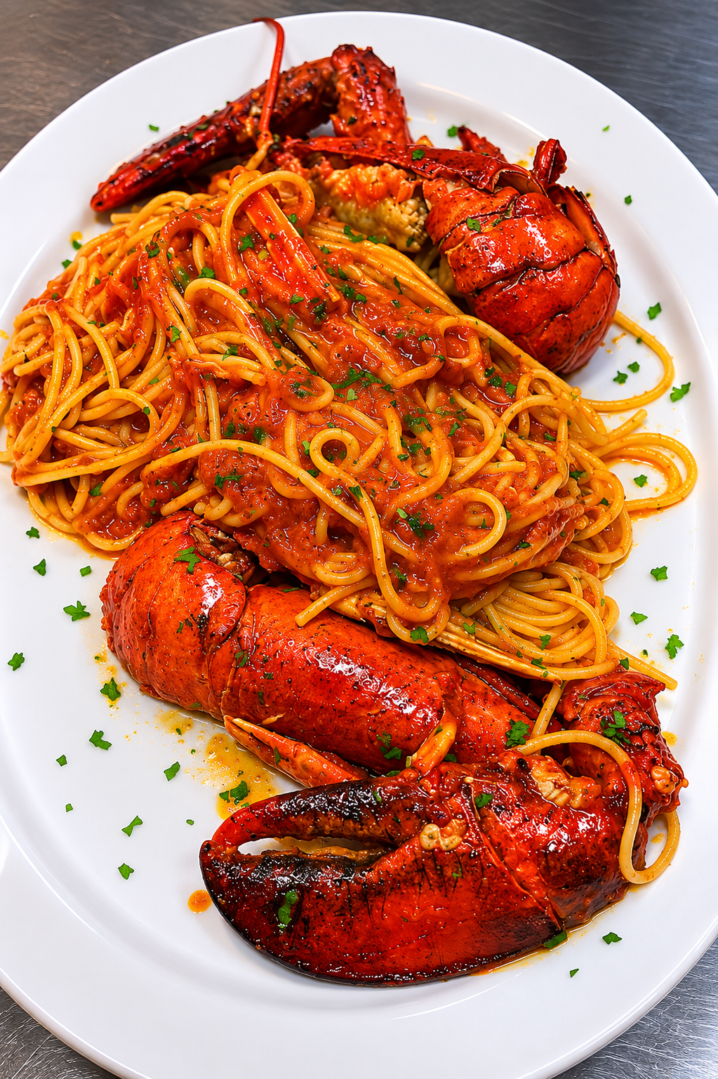 Spaghetti con salsa di pomodoro e aragosta su piatto bianco, guarniti con prezzemolo.