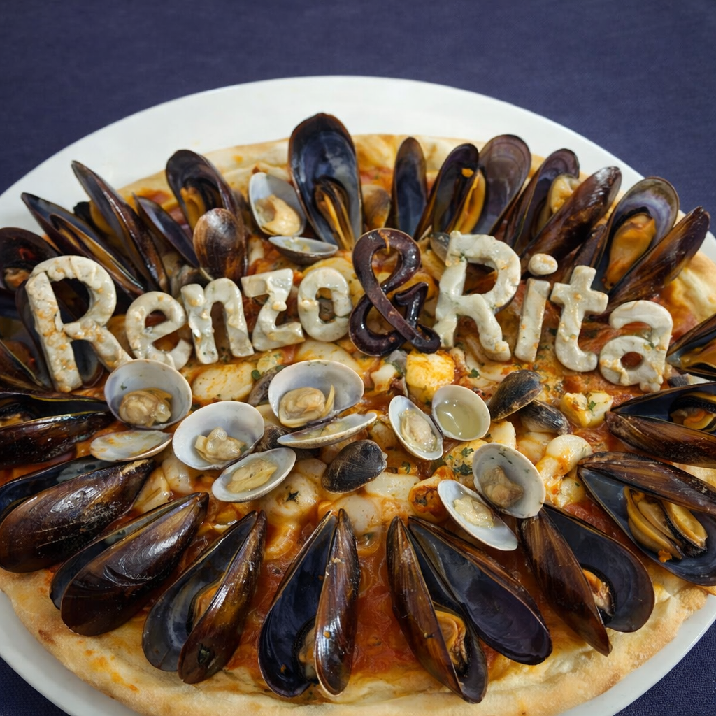 Pizza con cozze, vongole e nomi Renzo & Rita in pasta sopra