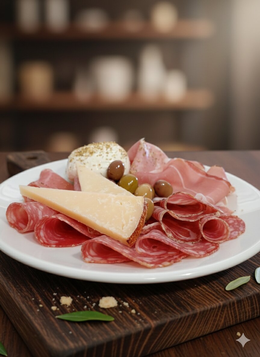 Piatto con affettati, formaggi e olive su tavolo di legno.