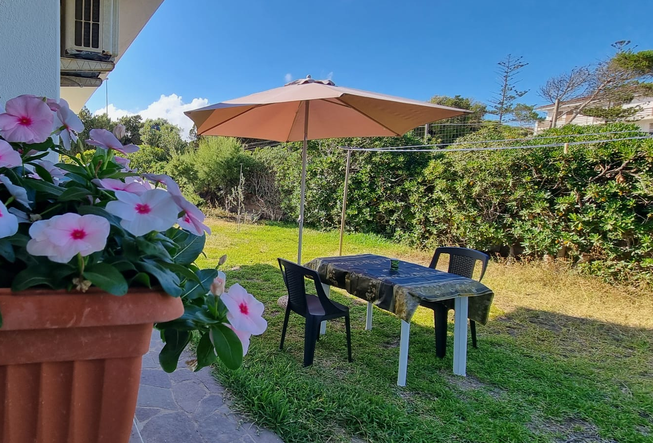 Table with umbrella and chairs in sunny garden with flowers in foreground